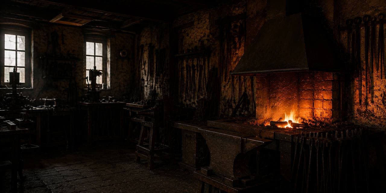 Kovářská dílna s výhní a kovovým materiálem